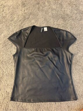 H&M Black Faux Leather Cap-Sleeve Top